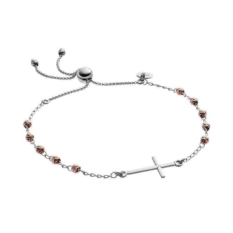 Two Tone Sterling Silver Sideways Cross Beaded Lariat Bracelet, Womens Grey Product Image