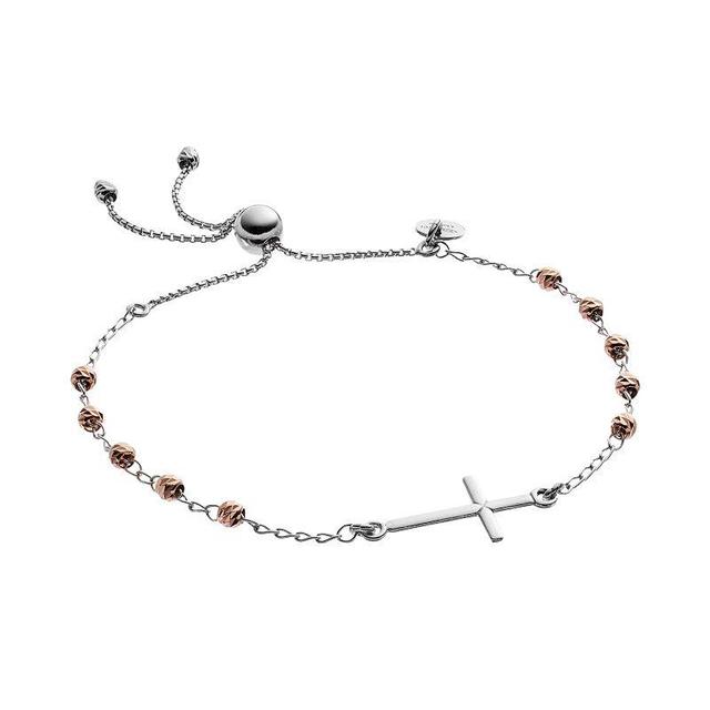 Two Tone Sterling Silver Sideways Cross Beaded Lariat Bracelet, Womens Grey Product Image