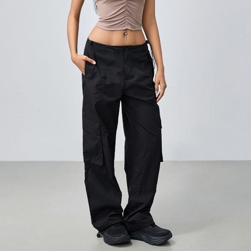 Drawstring Waist Plain Straight Leg Cargo Pants Product Image