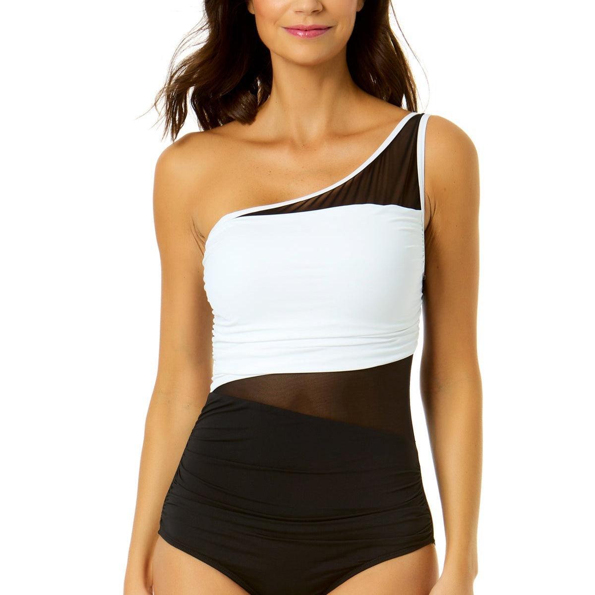 Women's Mesh Around Mesh Asymmetric Shirred One-Shoulder One Piece Swimsuit Product Image