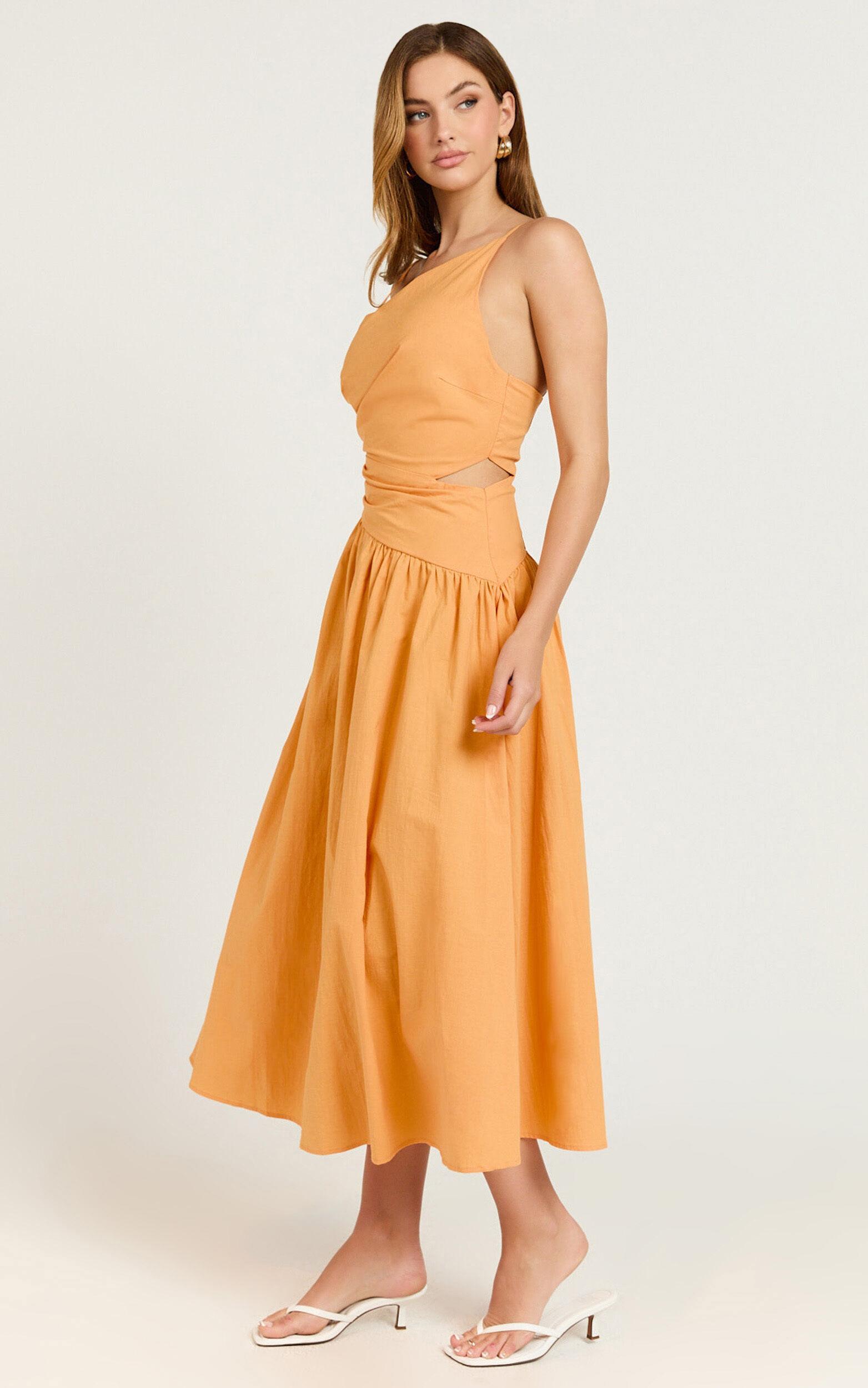 Ebony Midi Dress - Asymmetrical Cut Out Dress in Orange Product Image