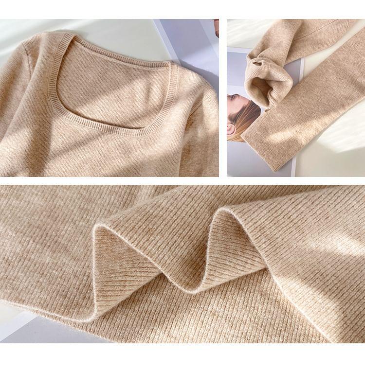 Long Sleeve Scoop Neck Plain Crop Knit Top Product Image