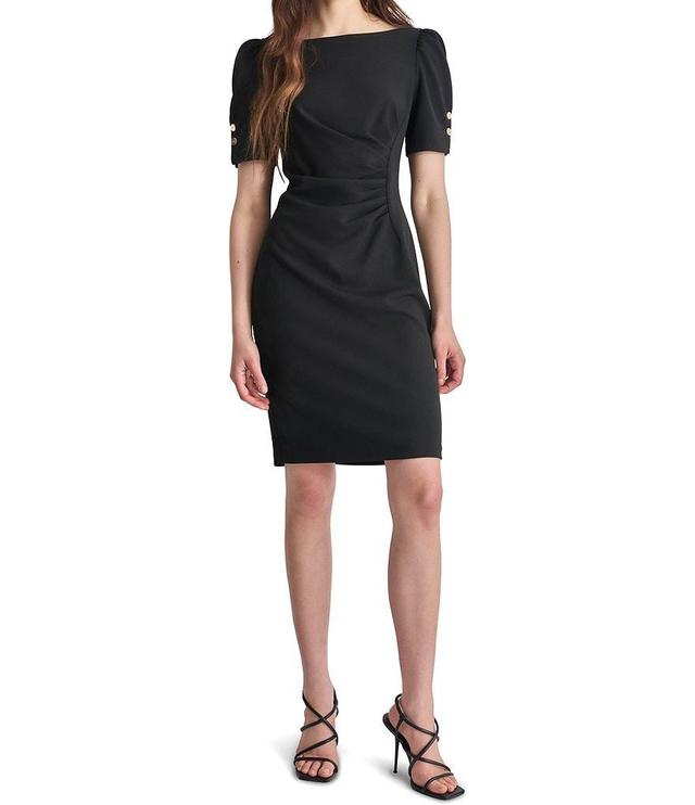 DKNY by Donna Karan Round Neck Ruched Crepe Short Sleeve Button Detail Sheath Dress Product Image