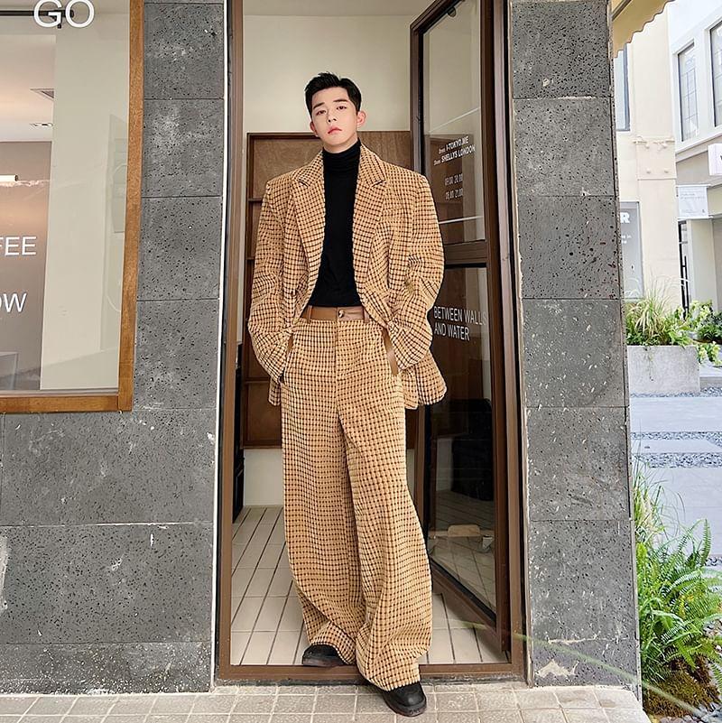 Peak Lapel Double-Breasted Corduroy Blazer / Mid Rise Wide Leg Dress Pants Product Image