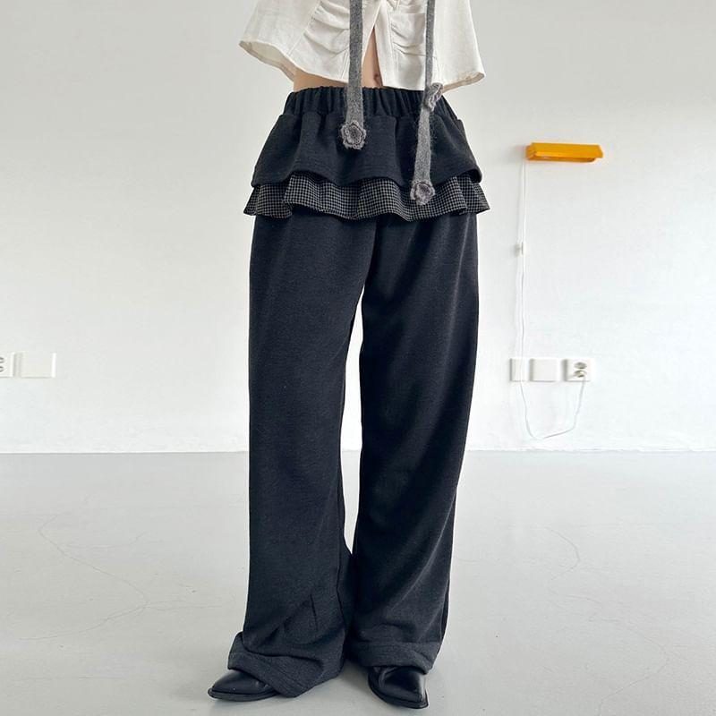 Low Waist Mock Two Piece Ruffled Plaid Panel Loose-Fit Wide-Leg Pants Product Image