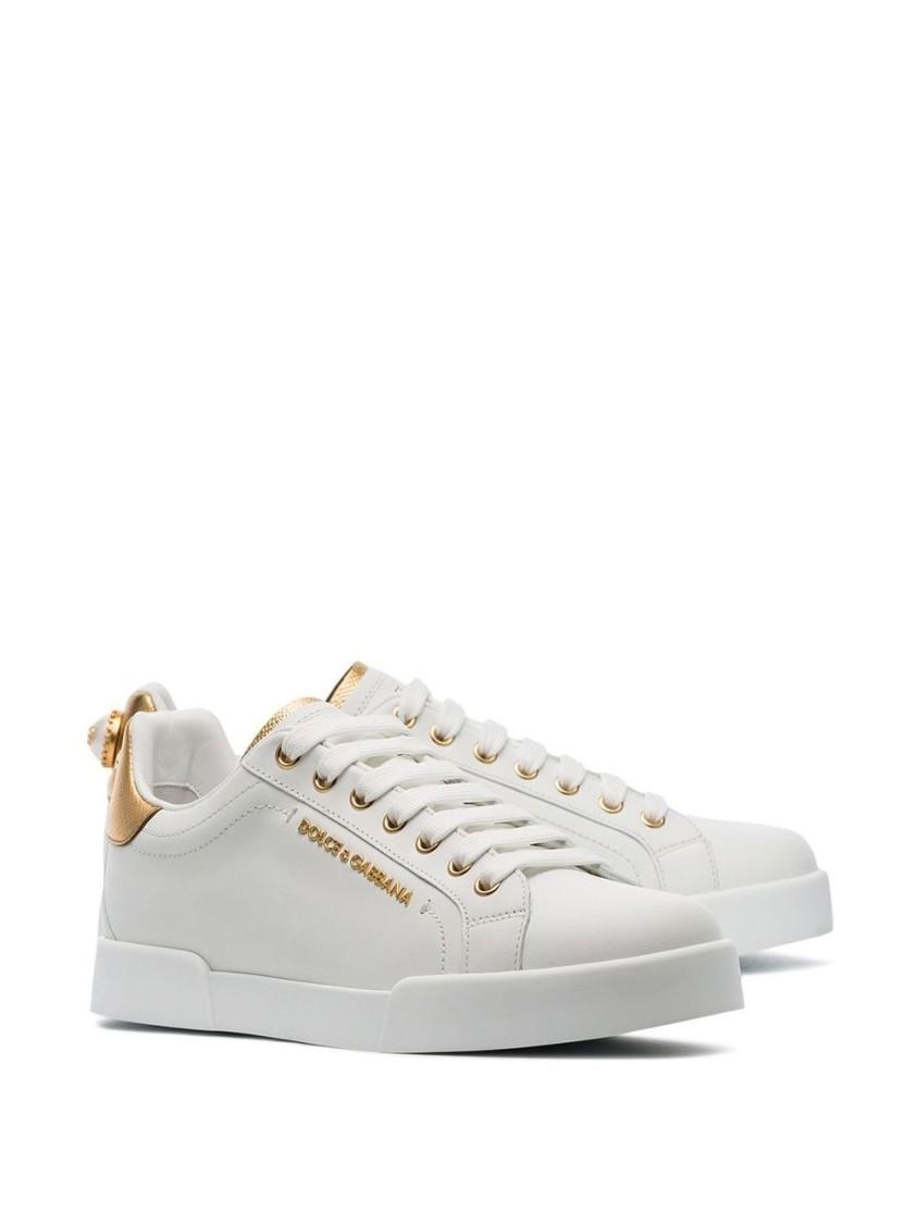 Luxurious Leather Sneakers With Gold Accents And Durable Rubber Sole In White Product Image