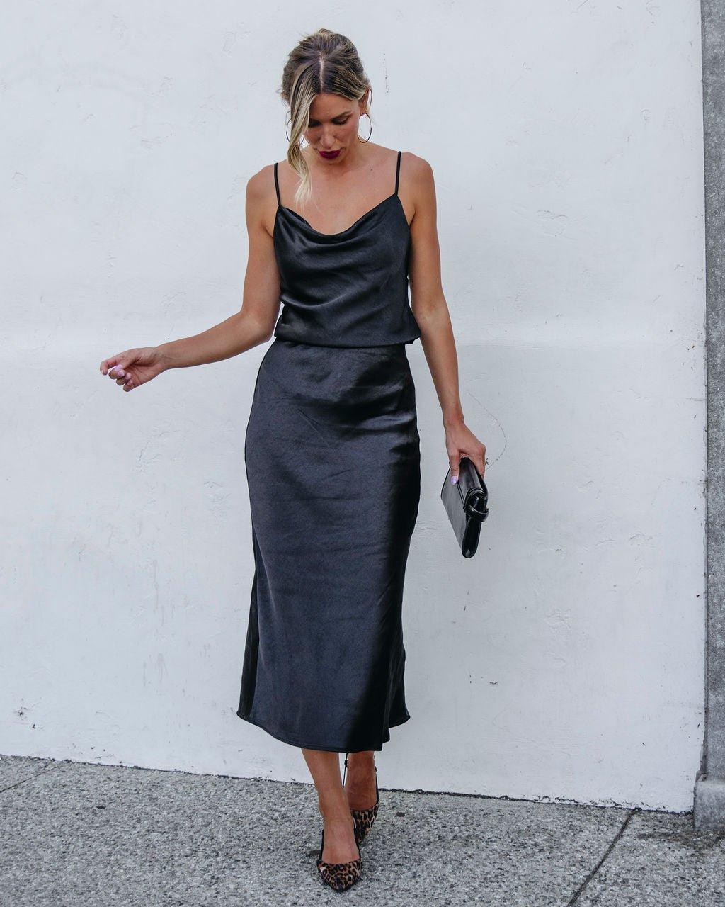 Muse By Magnolia Black Satin Midi Skirt Product Image