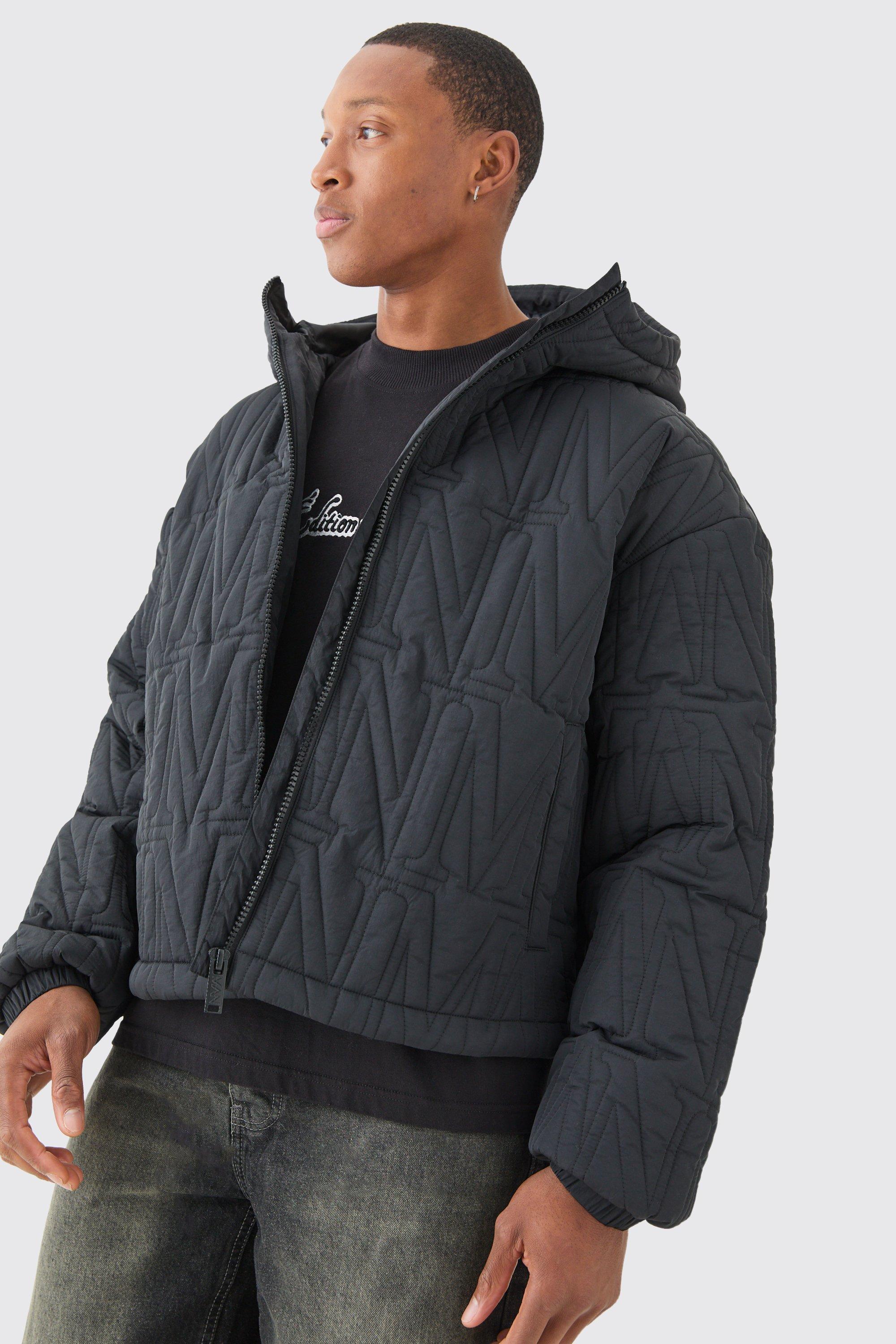 Man Quilted Hooded Puffer Coat In Black | boohooMAN USA Product Image