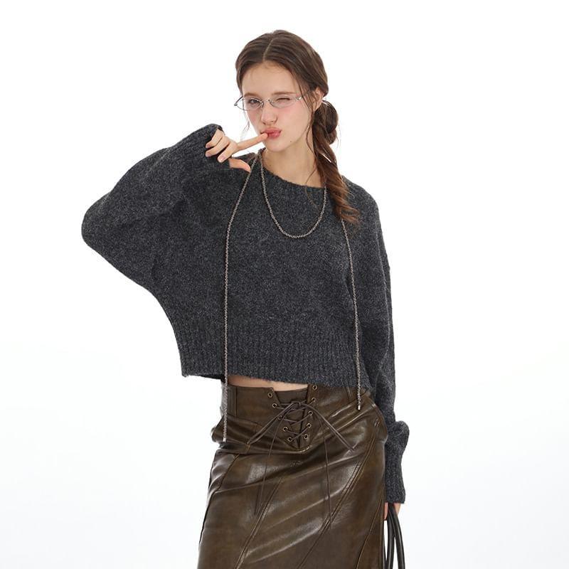 Long Sleeve Plain Loose-Fit Crop Sweater Product Image