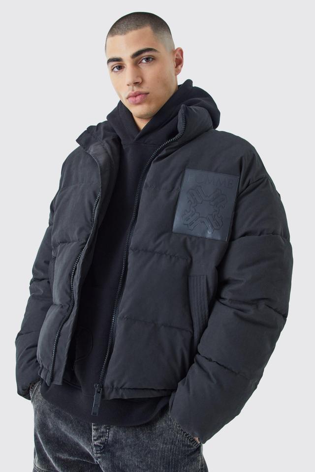 Boxy Oversized Pu Patch Peached Nylon Puffer | boohooMAN USA Product Image