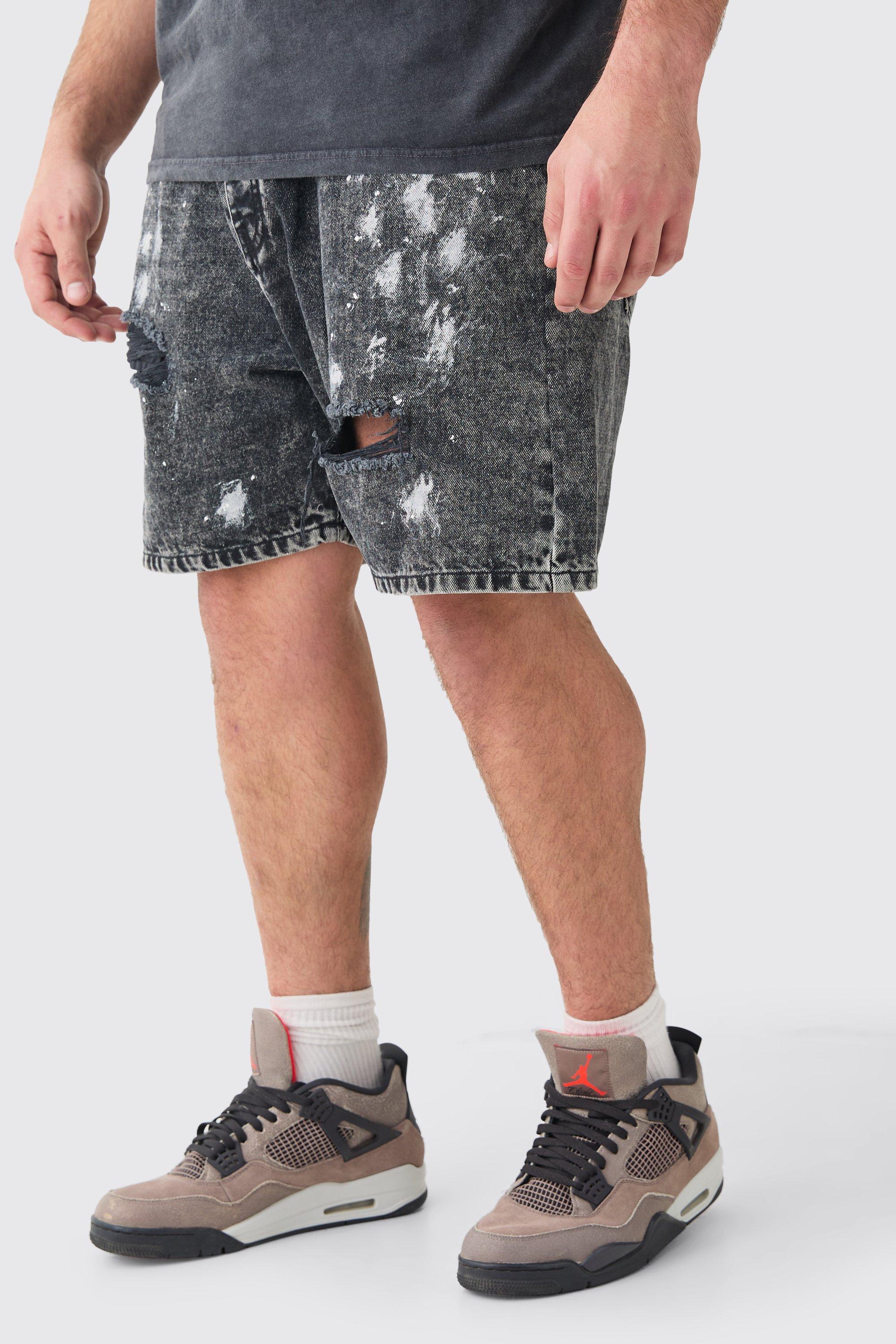 Mens Plus Washed Black Paint Splatter Relaxed Fit Denim Shorts, Black Product Image