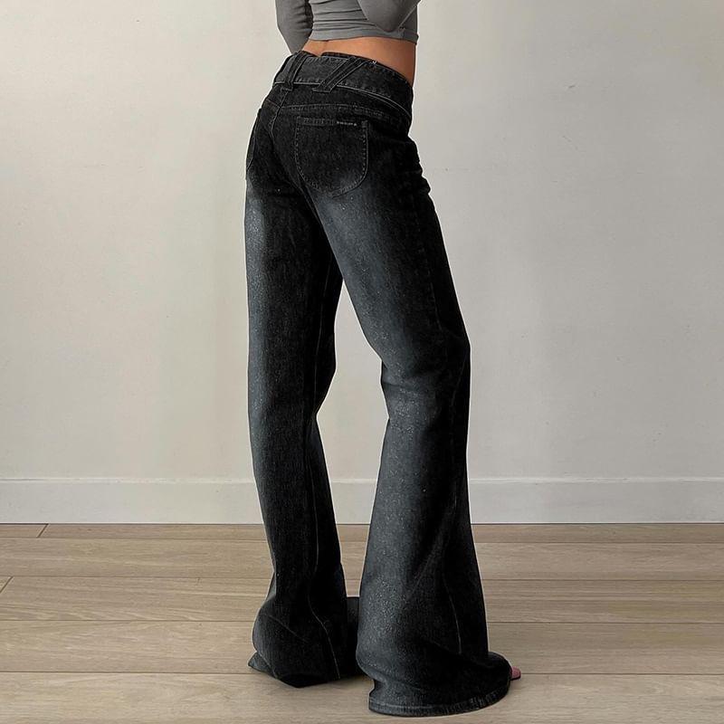 Mid Waist Washed Belted Flared Jeans Product Image