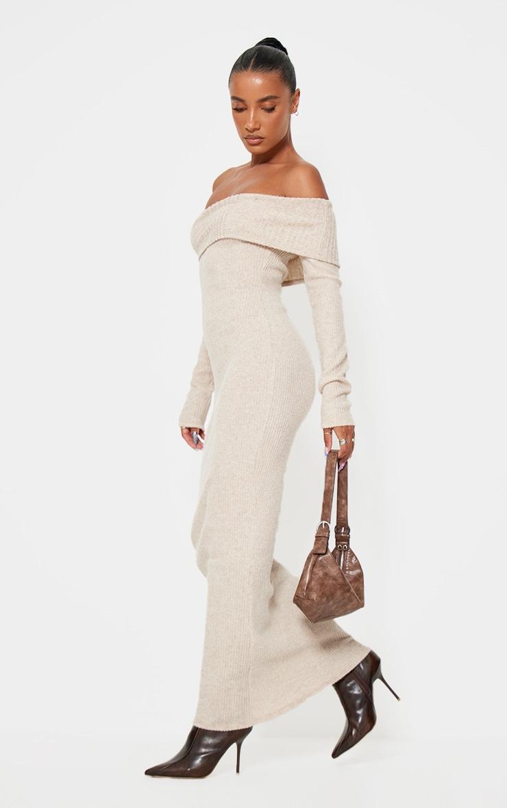 Oatmeal Brushed Rib Bardot Maxi Dress Product Image