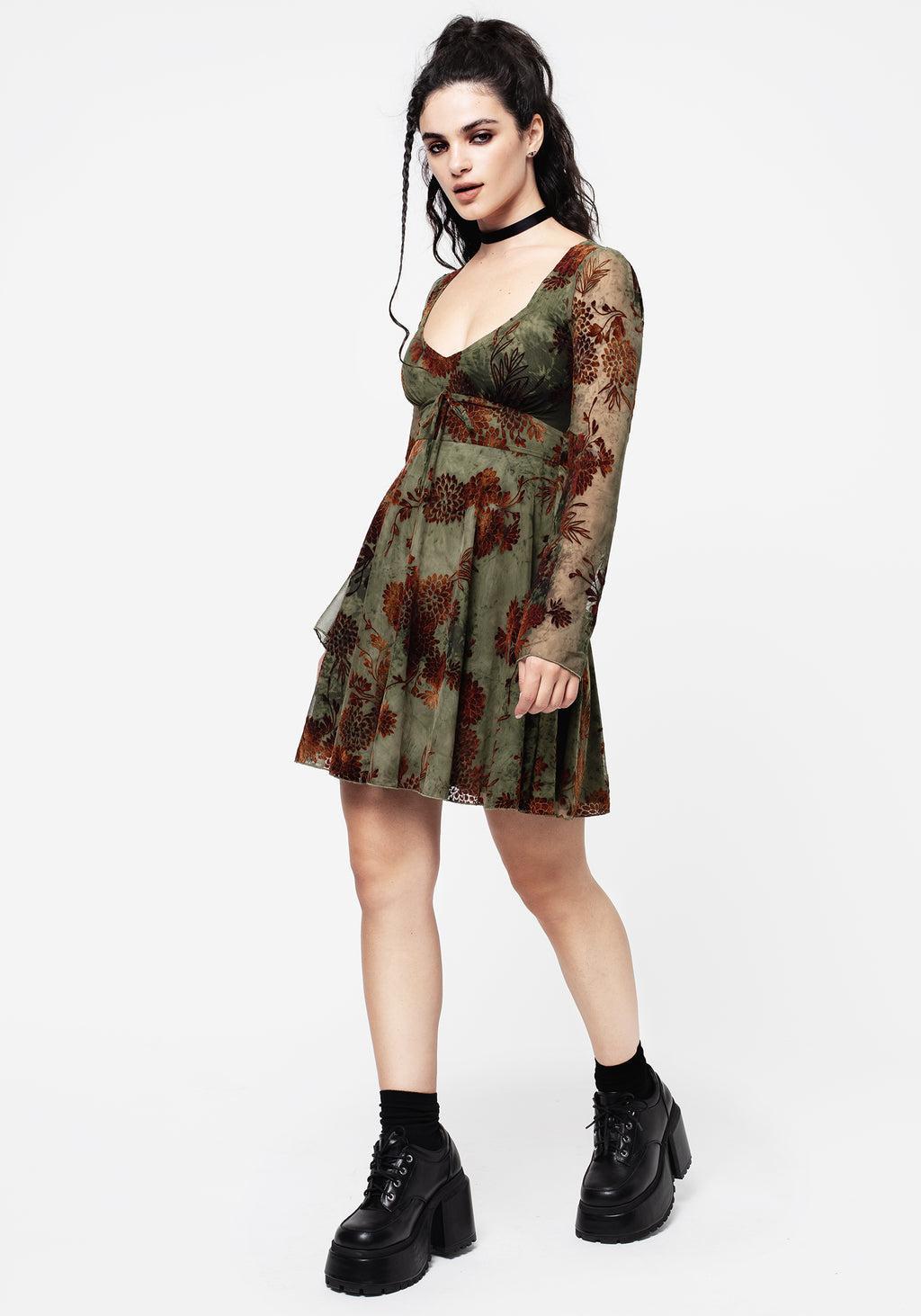 Rosaleigh Flock Velour Mesh Flare Sleeve Mini Dress Product Image