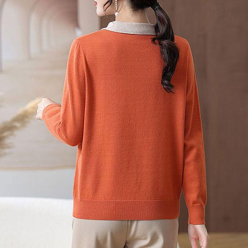 Long-Sleeve Tie Neck Two Tone Knit Top Product Image