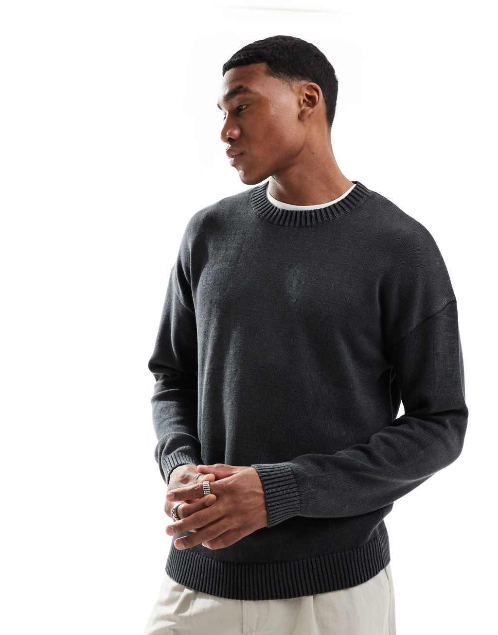 ASOS DESIGN washed relaxed knit crew neck sweater in black  Product Image