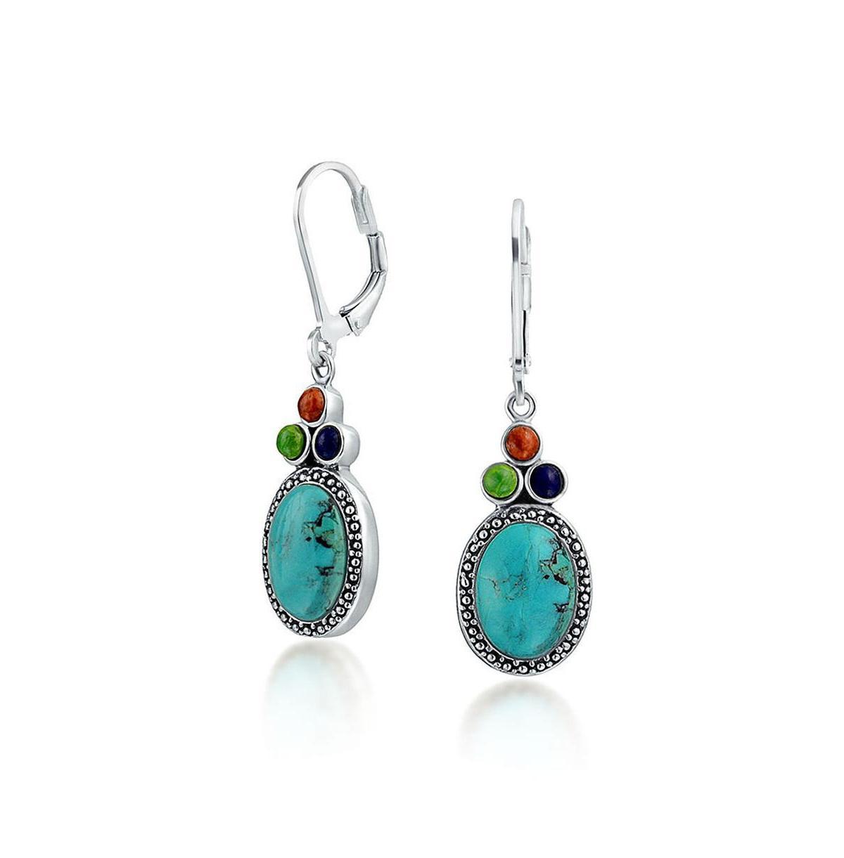 South Western Style Stabilized Turquoise Oval Lapis Coral Lever Back Dangle Drop Earrings For Women .925 Sterling Silver Product Image