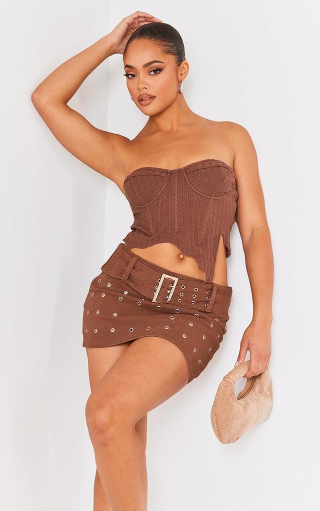 Mocha Textured Rib Raw Hem Cup Detail Crop Top Product Image