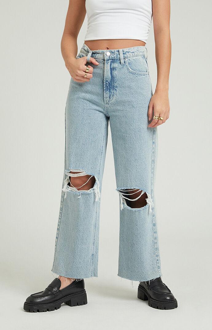 Women's Light Indigo Ripped Cropped Wide Leg Jeans Product Image