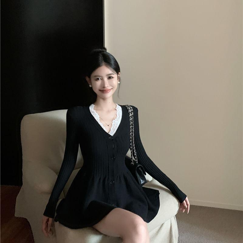 Long-Sleeve V-Neck Plain Lace Trim Knit Mini A-Line Dress Product Image