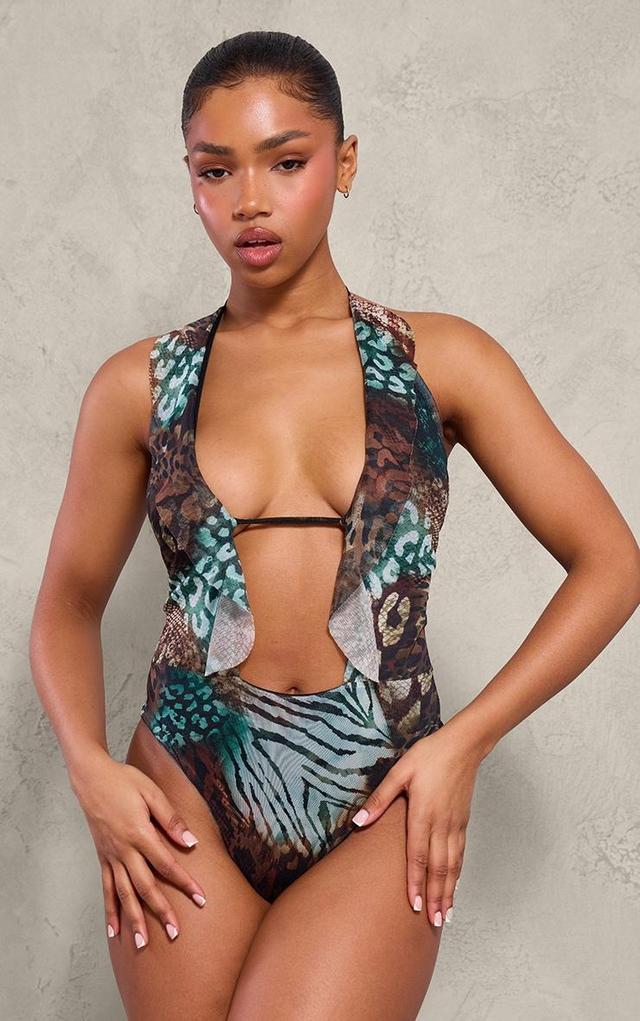 Green Printed Mesh Ruffle Haterneck Bodysuit Product Image