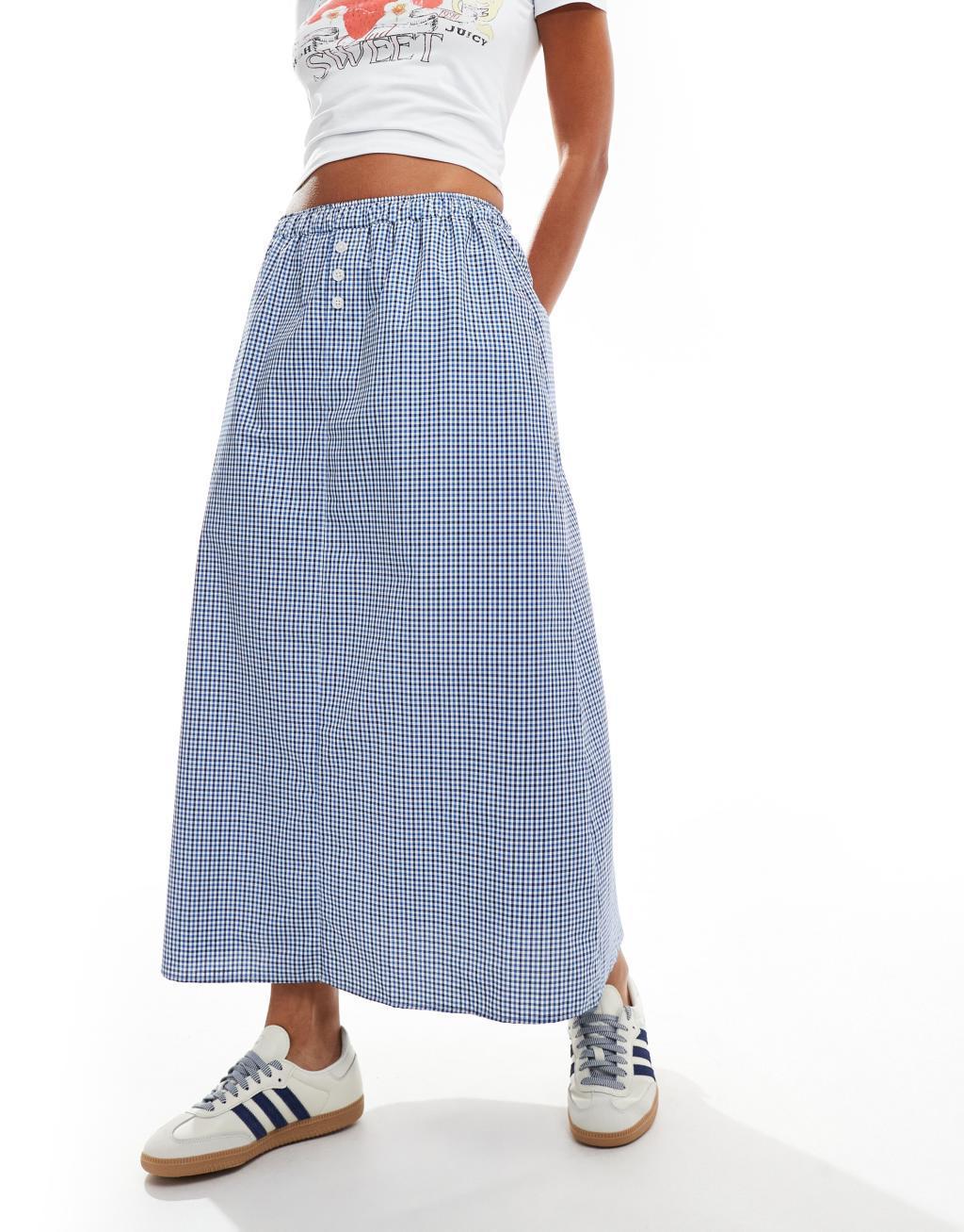 ASOS DESIGN boxer detail midi skirt in plaid in blue plaid Product Image