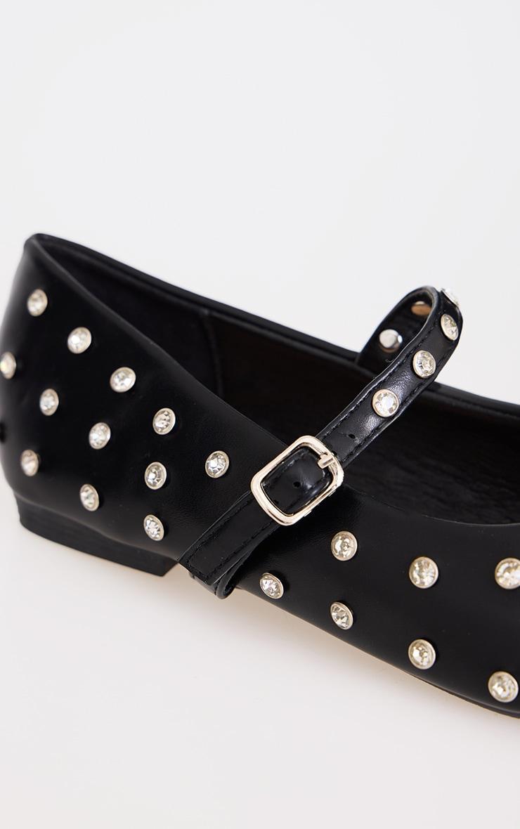 Black Pu Round Toe Studded Ballet Flats Product Image