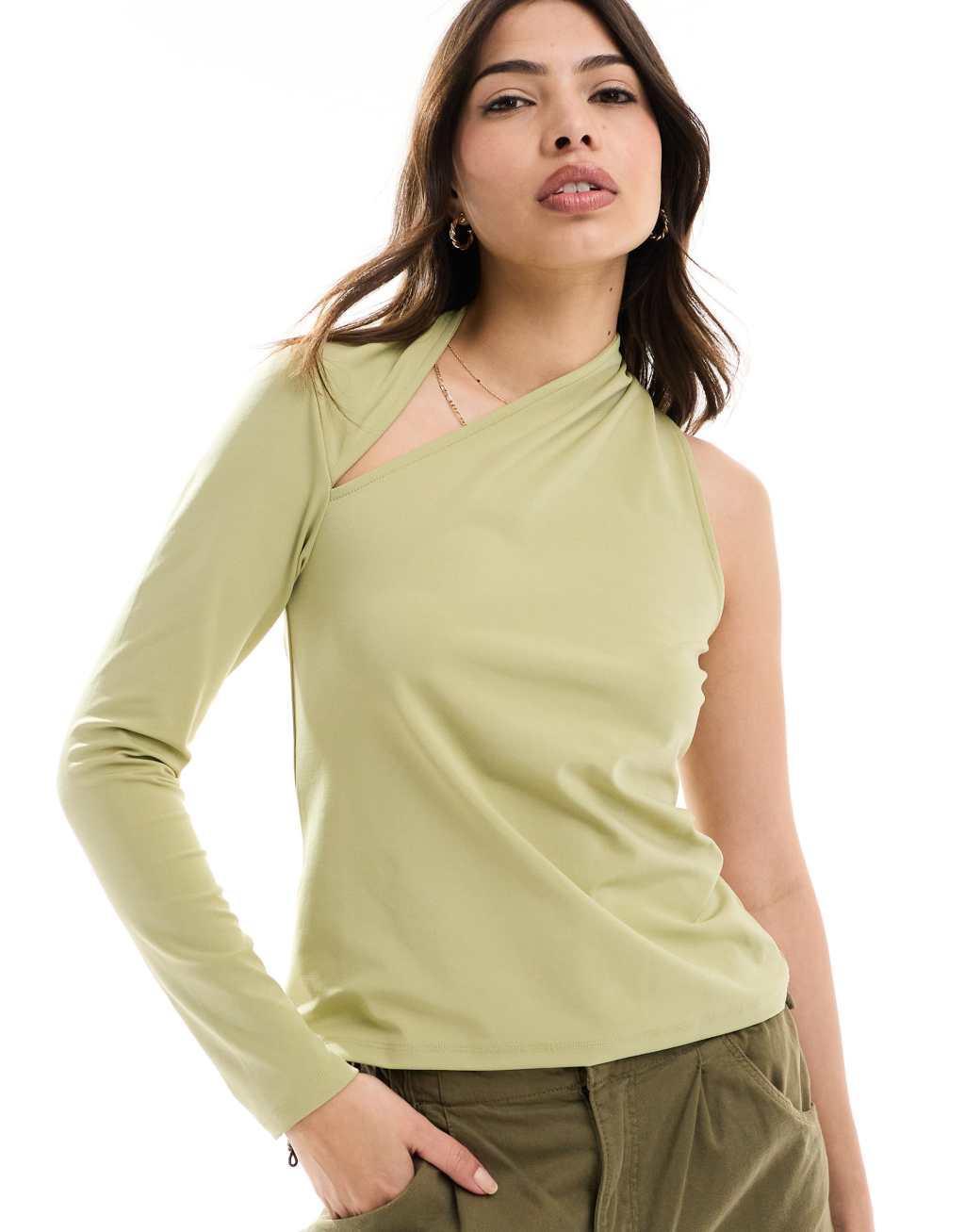 JDY one sleeve asymmetric top in sage green Product Image