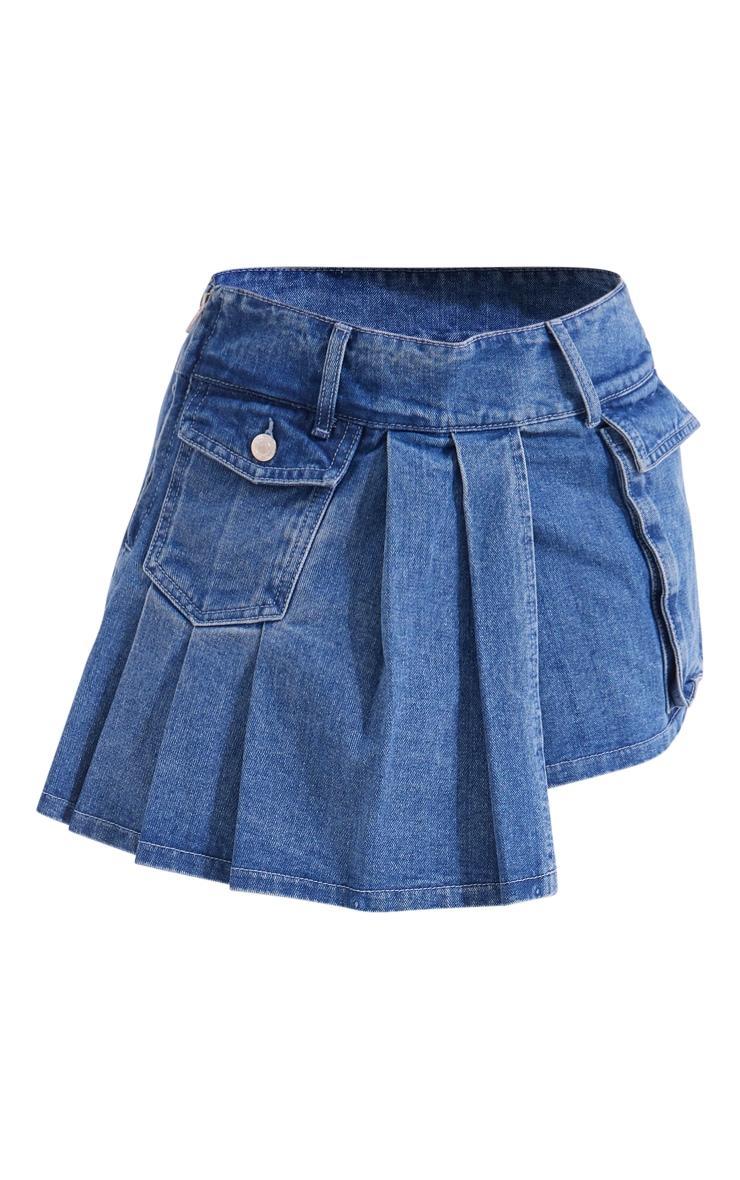 Mid Blue Wash Washed Pocket Detail Asymmetric Micro Mini Denim Skirt Product Image