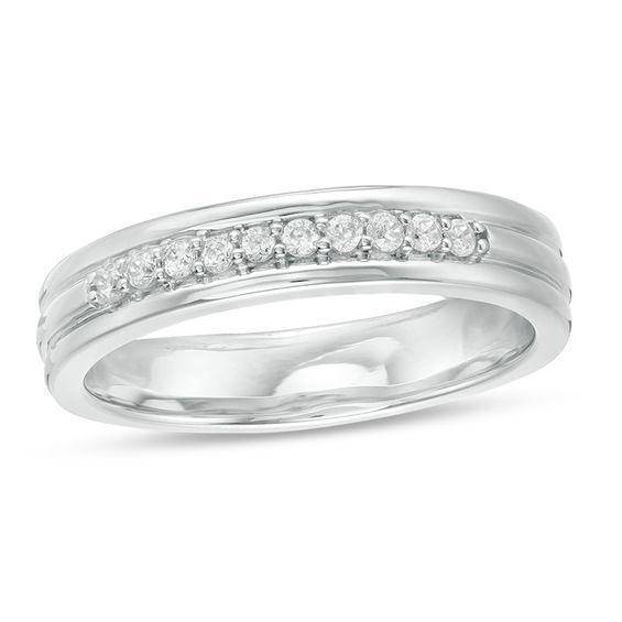 Men's 1/5 CT. T.w. Diamond Groove Wedding Band in 14K White Gold Product Image