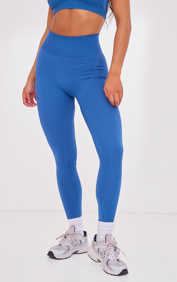 Steel Blue Seamless Contrast Rib High Waist Leggings Product Image