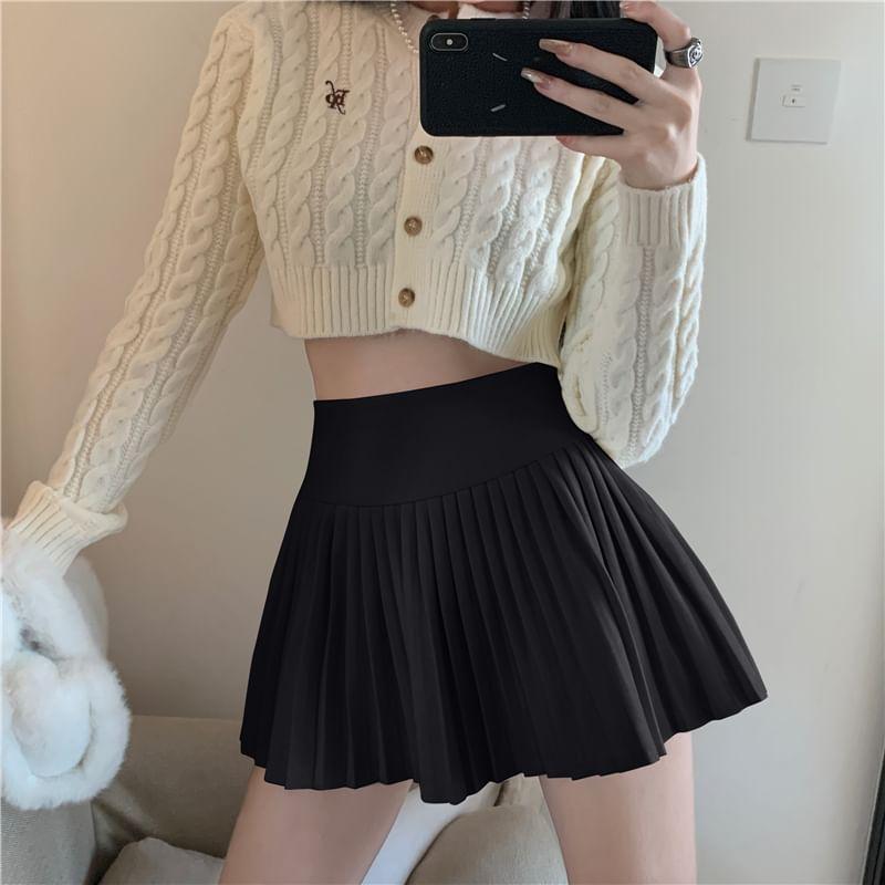 High Waist Plain Pleated Mini A-Line Skirt Product Image