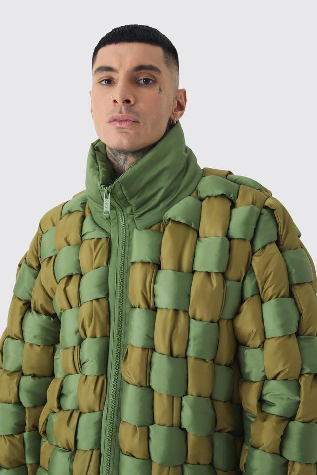 Tall Contrast Hand Weft Padded Puffer Jacket In Khaki | boohooMAN USA Product Image