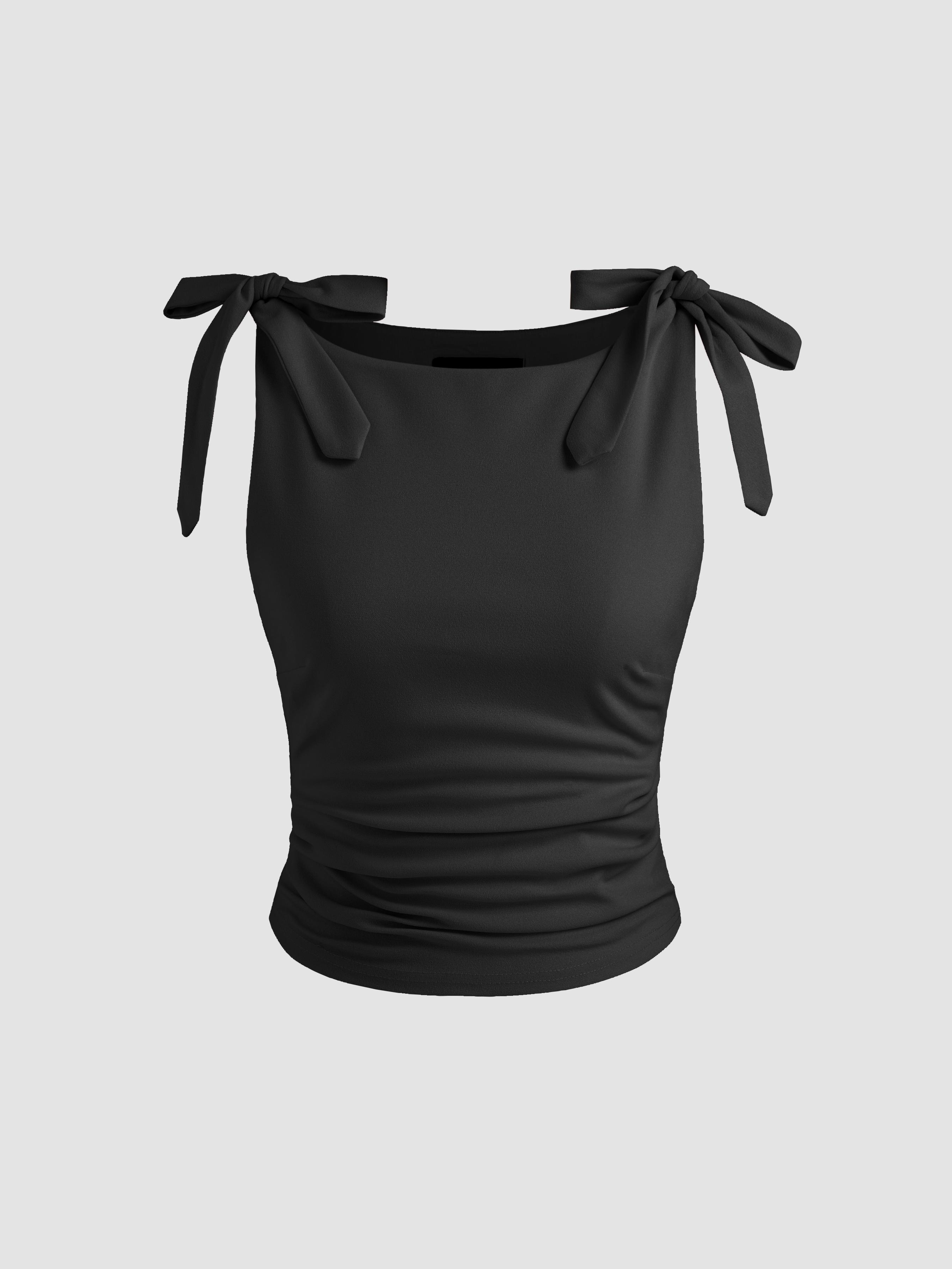 Jersey Scoop Neckline Solid Bowknot Ruched Crop Tank Top Product Image