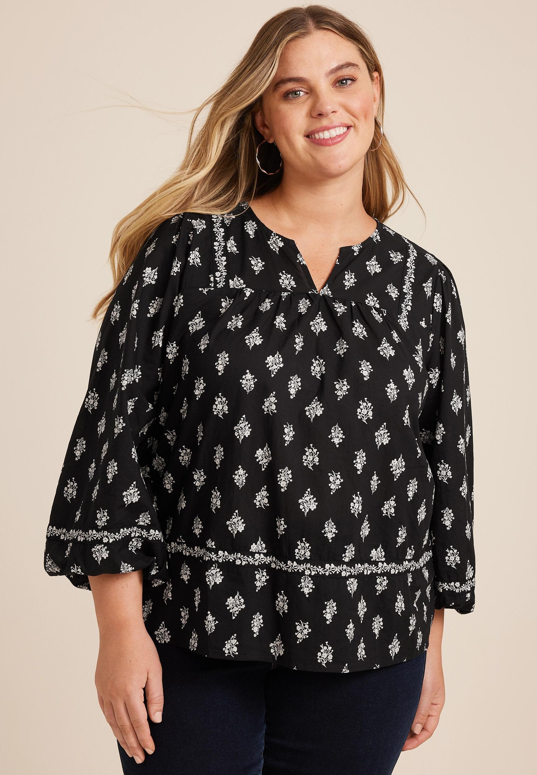 Maurices 1X Plus Size Womens Black Floral Peasant Blouse Product Image