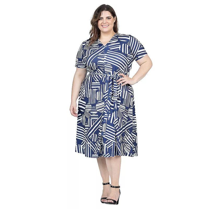 Plus Size 24Seven Comfort Short Sleeve Tie Waist Midi Dress, Womens Blue Team Product Image