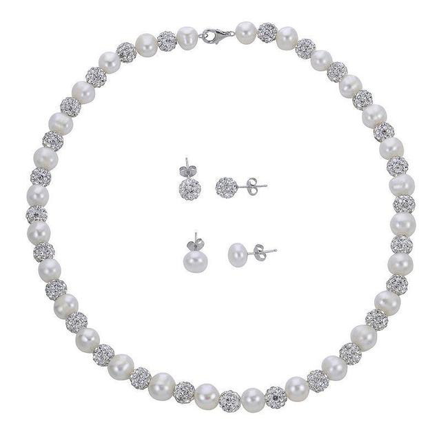 PearLustre by Imperial Sterling Silver Freshwater Cultured Pearl & Crystal Bead Necklace & Stud Earrings Duo Set, Womens White Product Image