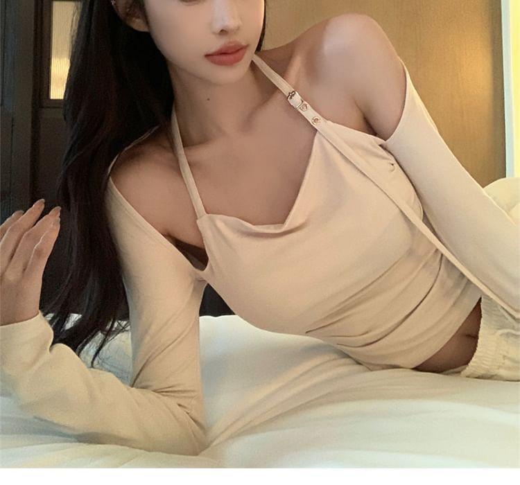 Long-Sleeve Halter Neck Mock Two-Piece Plain Ruched Slim Fit Crop Top Product Image