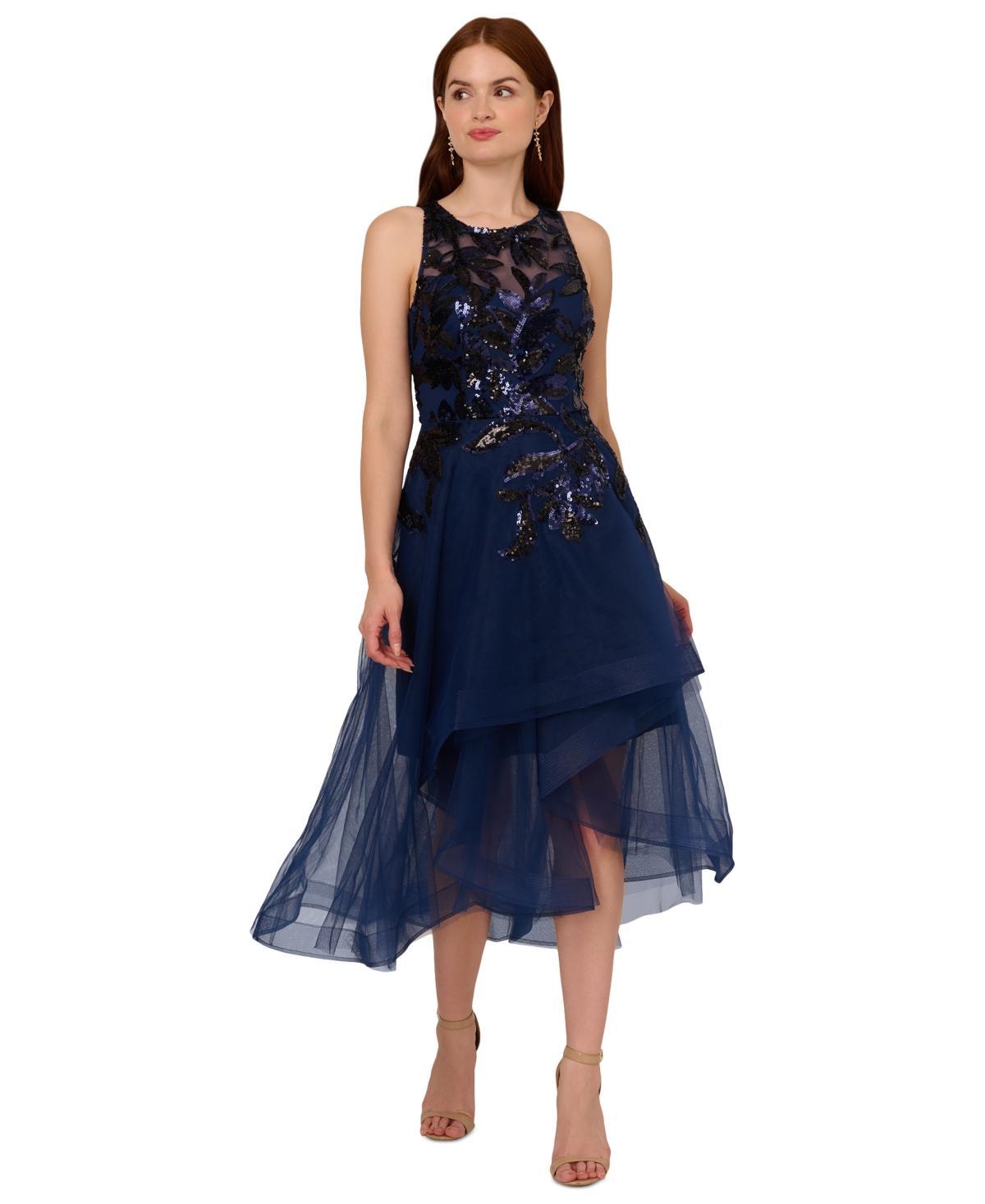 Adrianna Papell Womens High-Low Fit & Flare Sequin Dress Product Image