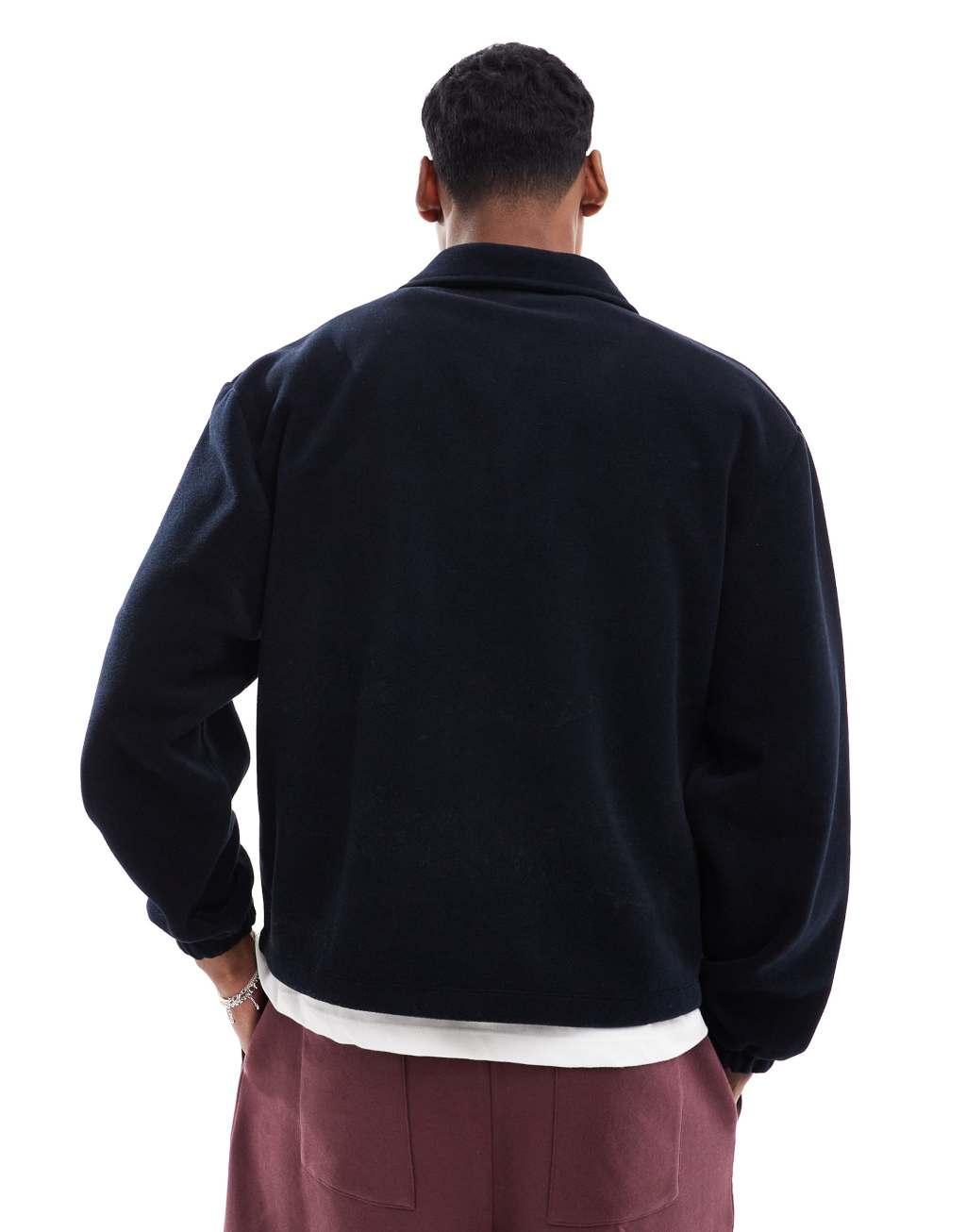 ASOS DESIGN boxy oversized fleece polo sweatshirt with embroidery in navy Product Image