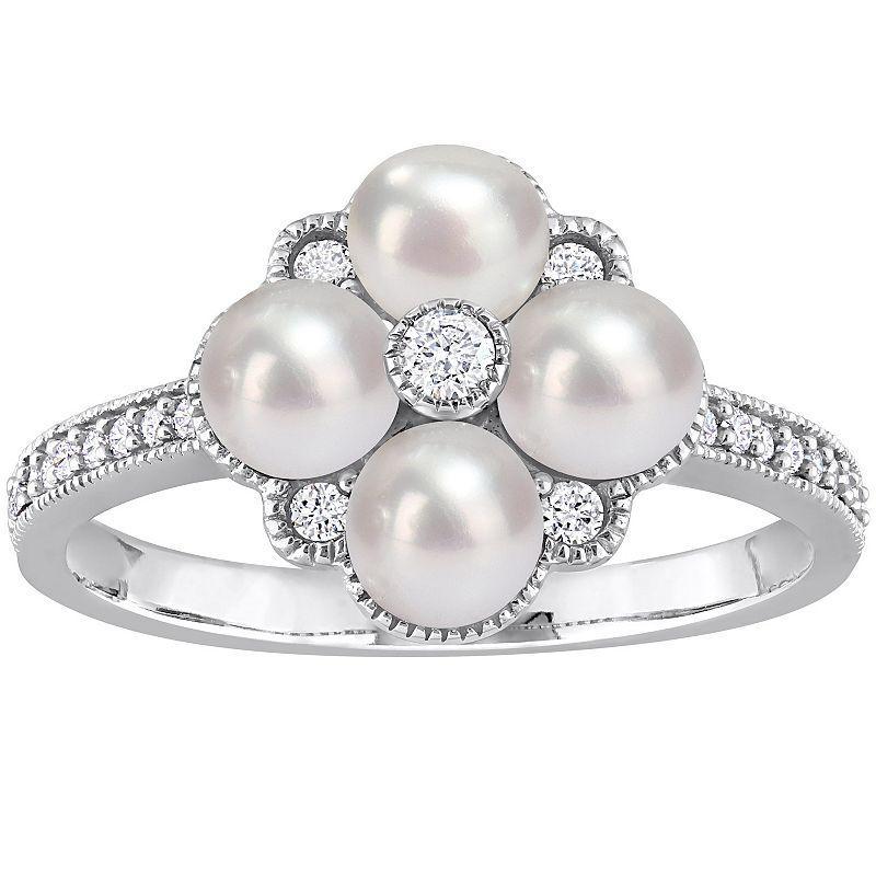 Stella Grace 14k White Gold Freshwater Cultured Pearl & 1/6 Carat T.W. Diamond Cluster Ring, Womens Product Image