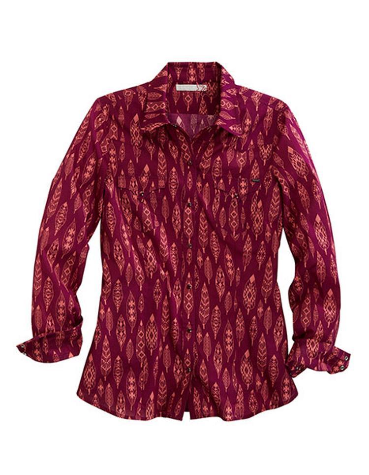 Tin Haul® Ladies' L/S Burgundy Feather Print Snap Shirt Product Image