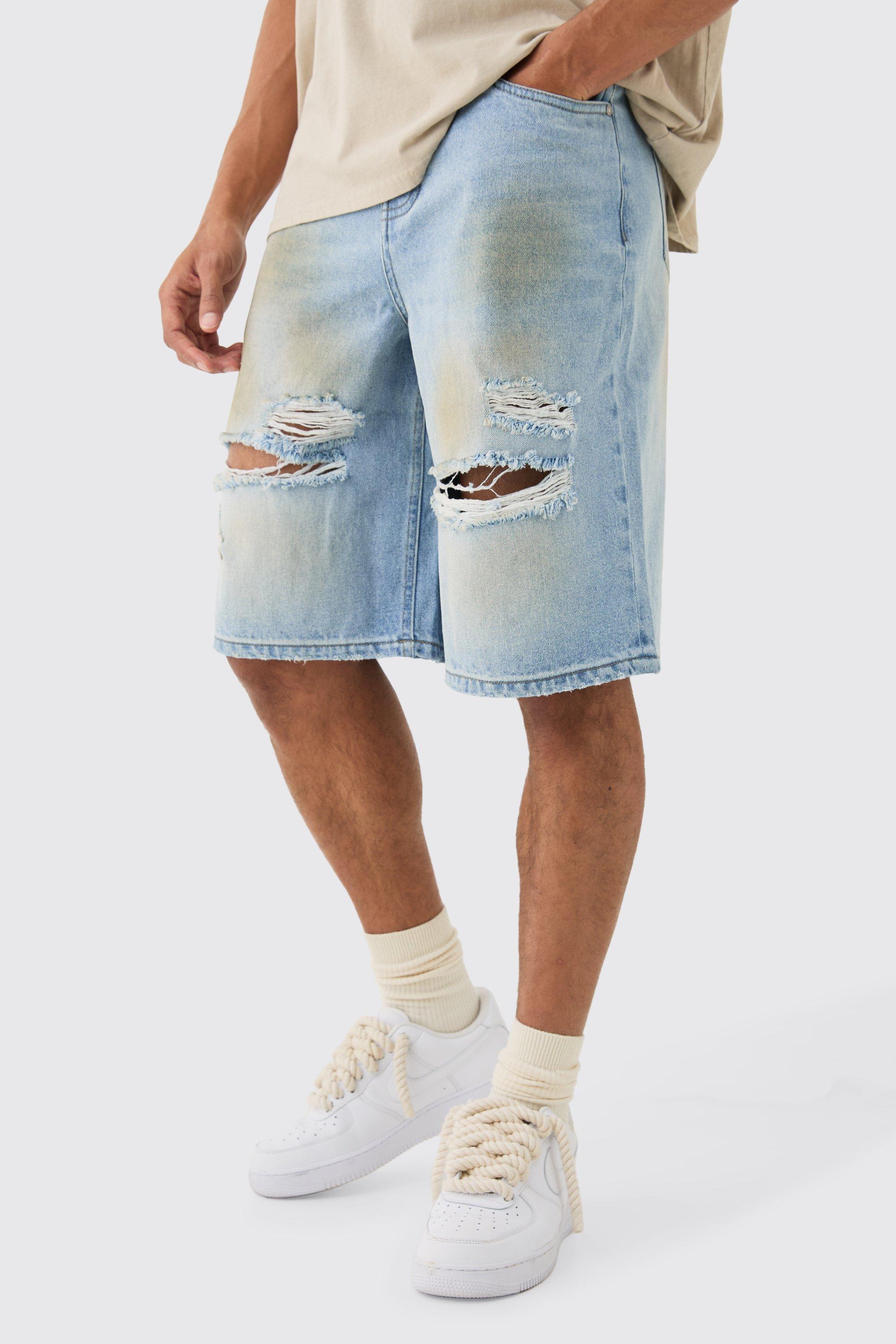 Ripped Dirty Wash Denim Jorts In Light Blue | boohooMAN USA Product Image