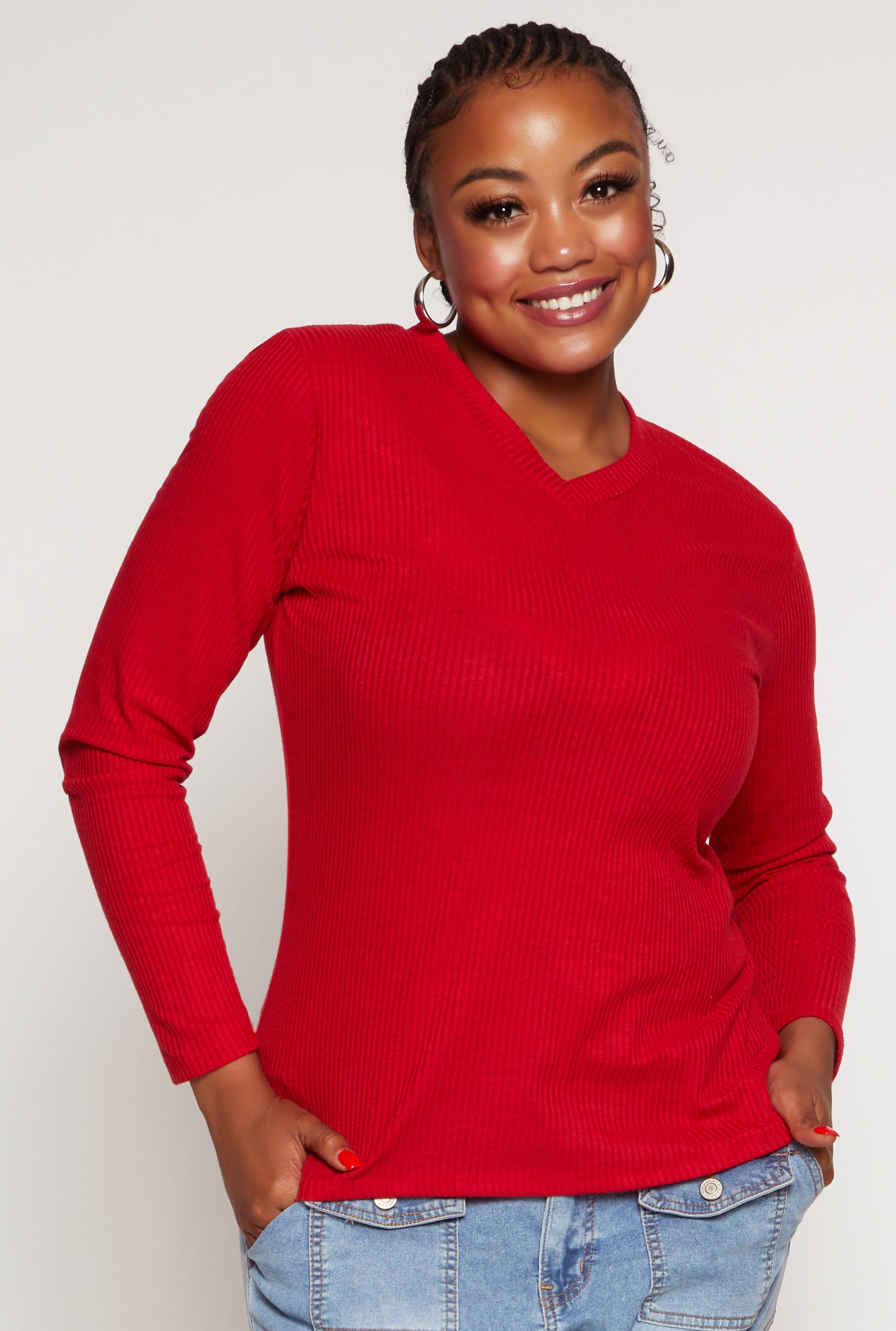 Womens Plus Size Rib Knit V Neck Long Sleeve Top product image