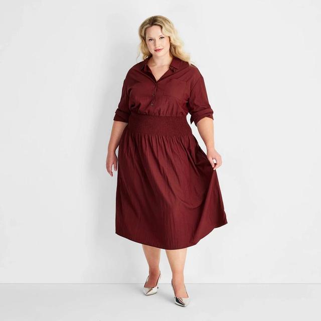 Womens Collared Long Sleeve Smocked Midi Shirtdress - Future Collective Burgundy 4X Product Image