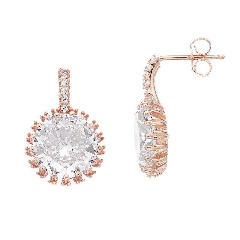 18k Rose Gold Over Silver Cubic Zirconia Halo Drop Earrings, Womens, White Product Image