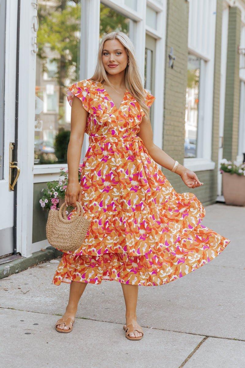 Paradise Peach Floral Tie Midi Dress - FINAL SALE Female Product Image