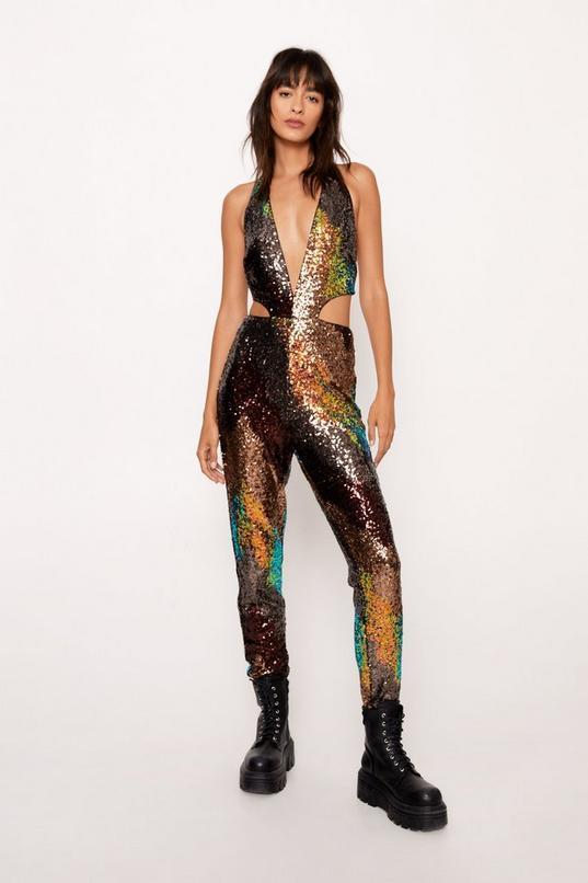 Ombre Sequin Halterneck Skinny Jumpsuit Product Image