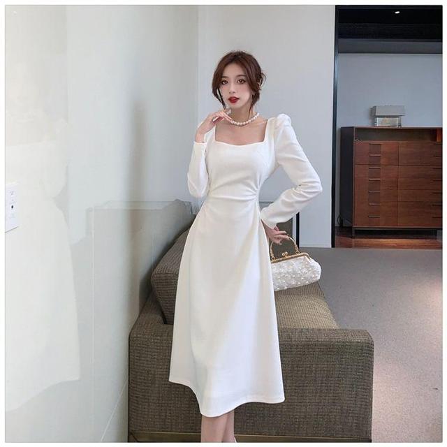 Long Sleeve Square Neck Plain Midi Dress Product Image