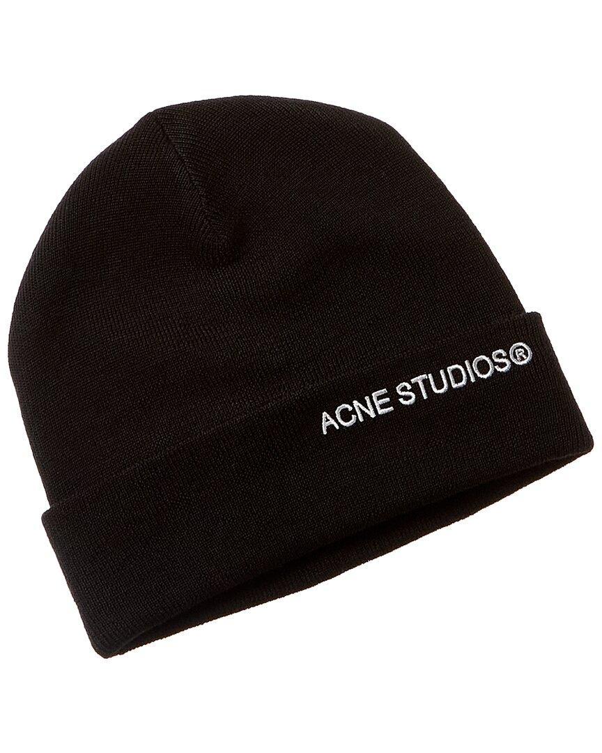 ACNE STUDIOS Logo Leather Wool Beanie In Brown Product Image